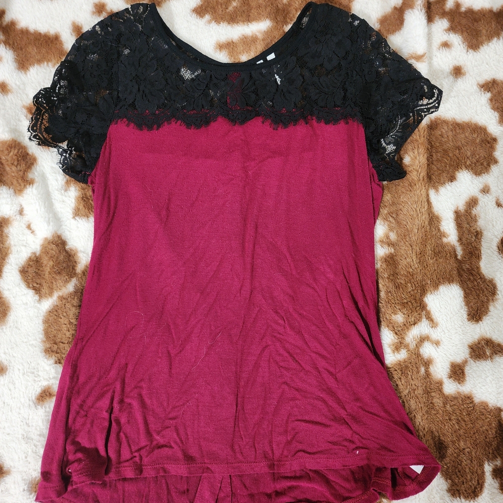 Studio Y Burgundy Top with Black Lace Detail